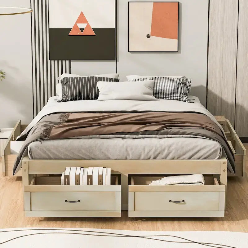 Lit plate-forme Queen Size avec 6 tiroirs de rangement