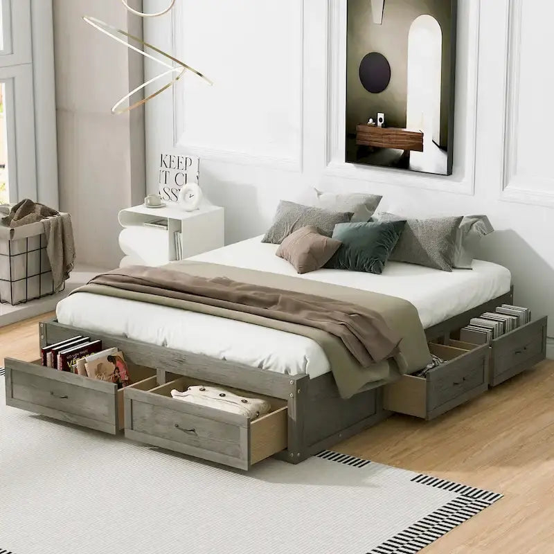 Lit plate-forme Queen Size avec 6 tiroirs de rangement