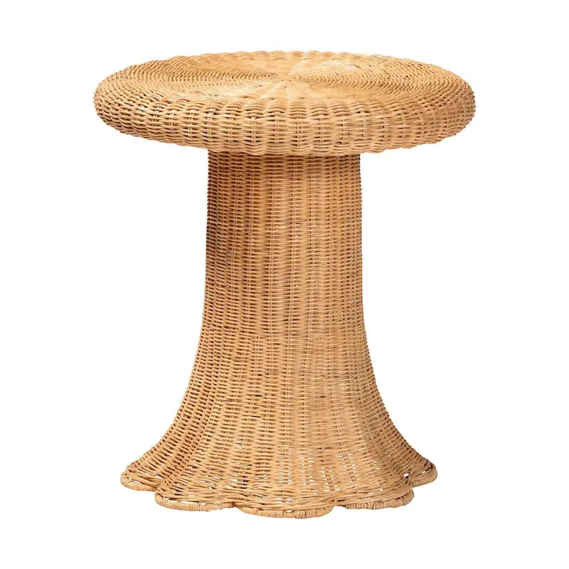 Table d'appoint en rotin naturel festonné - Table en osier tressé à la main avec base plissée, style côtier pour salon ou couloir