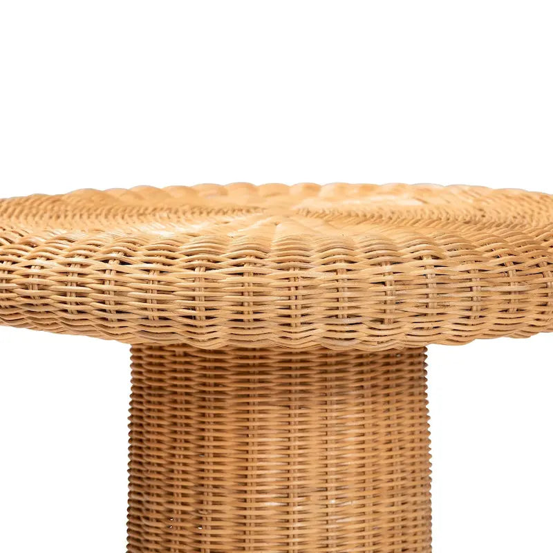 Table d'appoint en rotin naturel festonné - Table en osier tressé à la main avec base plissée, style côtier pour salon ou couloir
