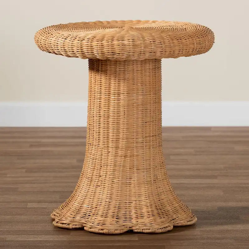 Table d'appoint en rotin naturel festonné - Table en osier tressé à la main avec base plissée, style côtier pour salon ou couloir
