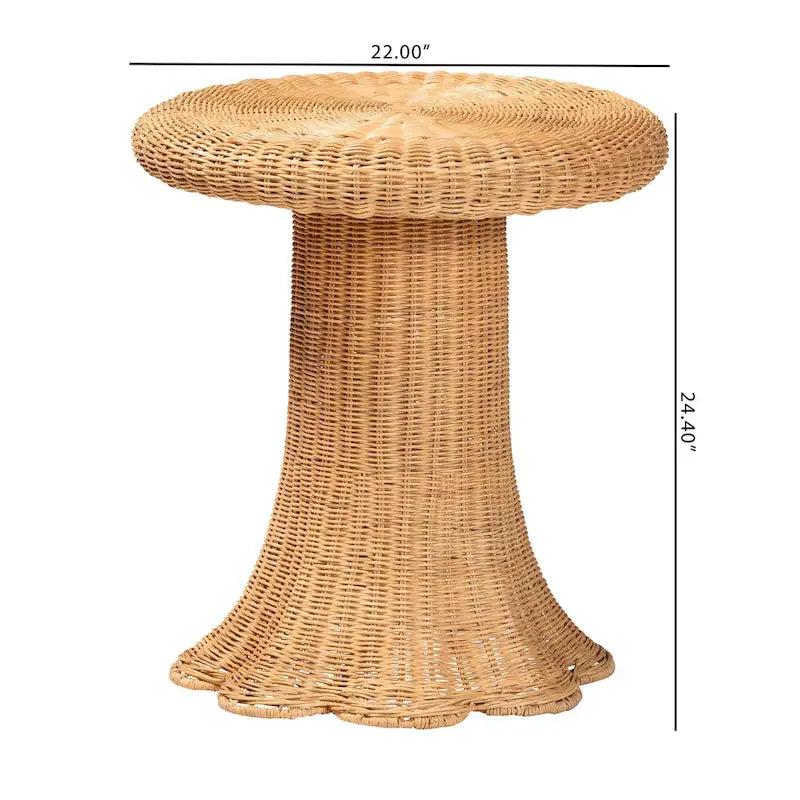 Table d'appoint en rotin naturel festonné - Table en osier tressé à la main avec base plissée, style côtier pour salon ou couloir