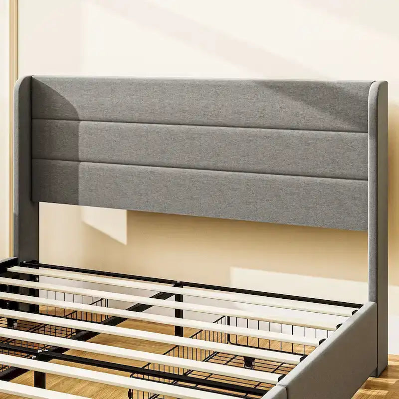 Lit de Rangement Queen Size avec 4 Tiroirs, Capacité de 330 kg et Tête de Lit en Lin