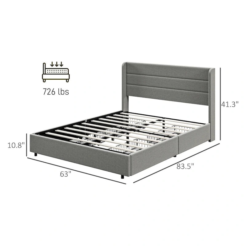 Lit de Rangement Queen Size avec 4 Tiroirs, Capacité de 330 kg et Tête de Lit en Lin