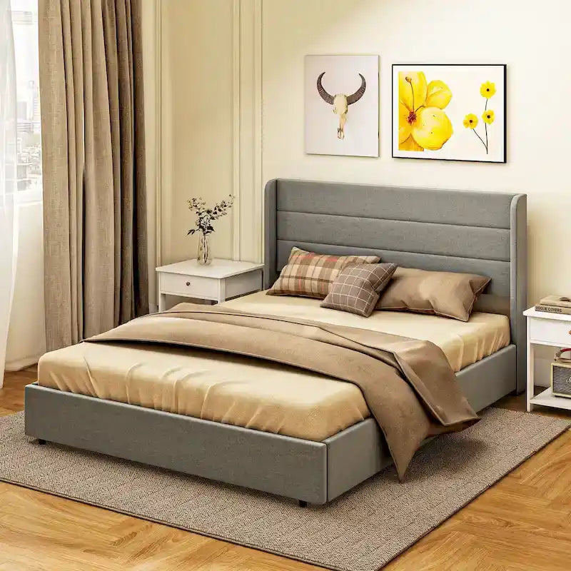 Lit de Rangement Queen Size avec 4 Tiroirs, Capacité de 330 kg et Tête de Lit en Lin