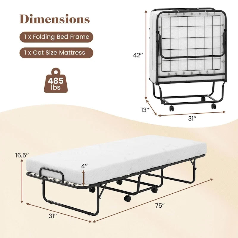 Lit pliant avec matelas 74 x 31 pouces, lit d'appoint roulant de taille berceau