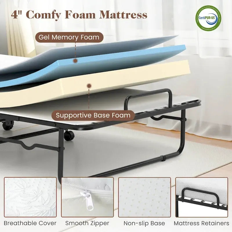 Lit pliant avec matelas 74 x 31 pouces, lit d'appoint roulant de taille berceau