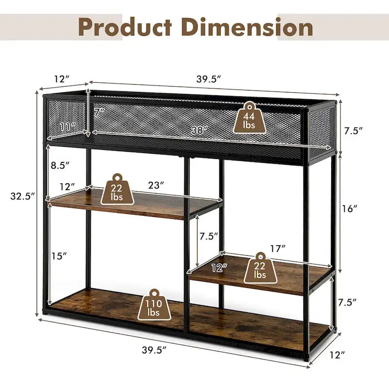 Console 4 niveaux avec panier métallique Table de canapé étroite avec étagère