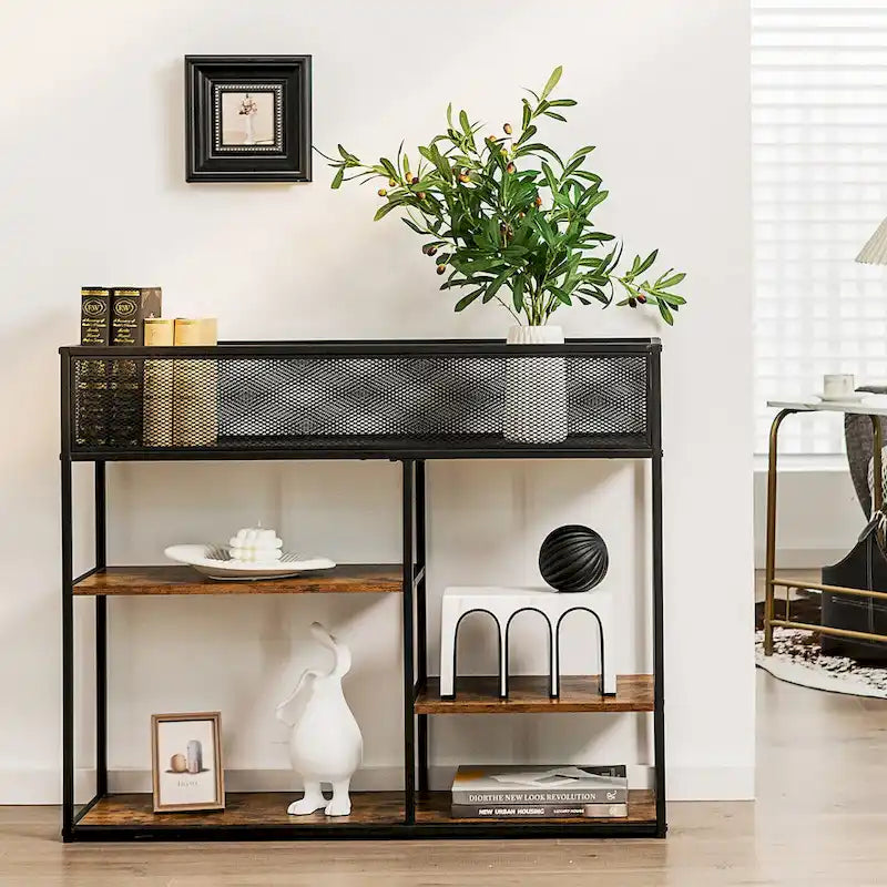 Console 4 niveaux avec panier métallique Table de canapé étroite avec étagère