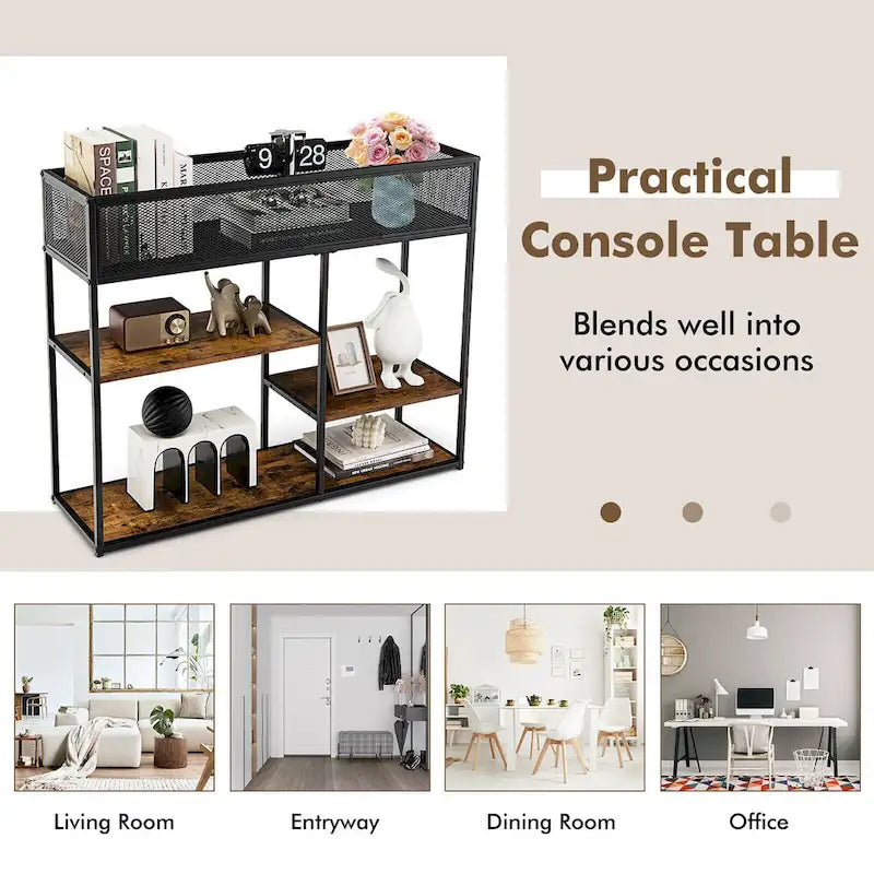 Console 4 niveaux avec panier métallique Table de canapé étroite avec étagère