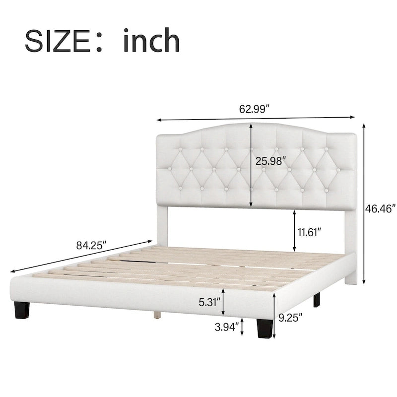 Cadre de lit plateforme avec tête de lit incurvée en selle, lit plateforme de style royal médiéval moderne avec détails capitonnés en losange
