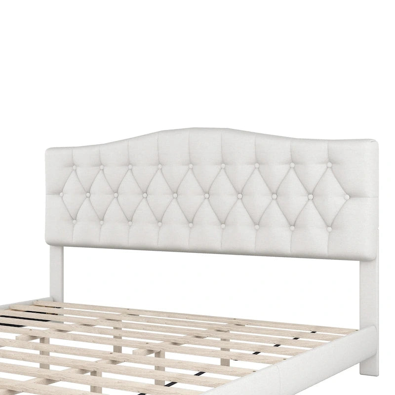 Cadre de lit plateforme avec tête de lit incurvée en selle, lit plateforme de style royal médiéval moderne avec détails capitonnés en losange