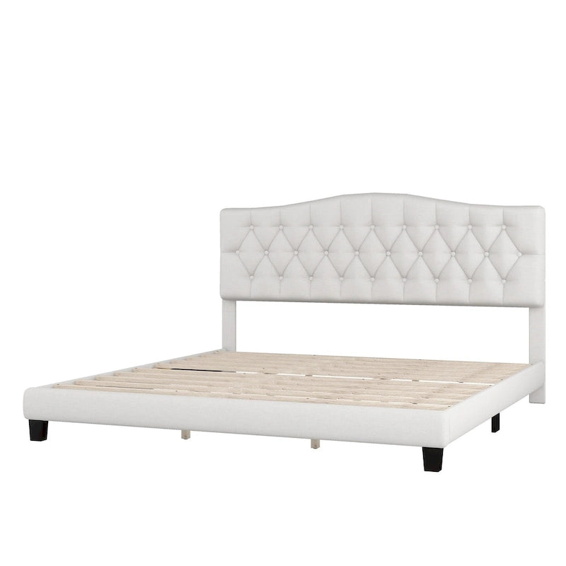 Cadre de lit plateforme avec tête de lit incurvée en selle, lit plateforme de style royal médiéval moderne avec détails capitonnés en losange