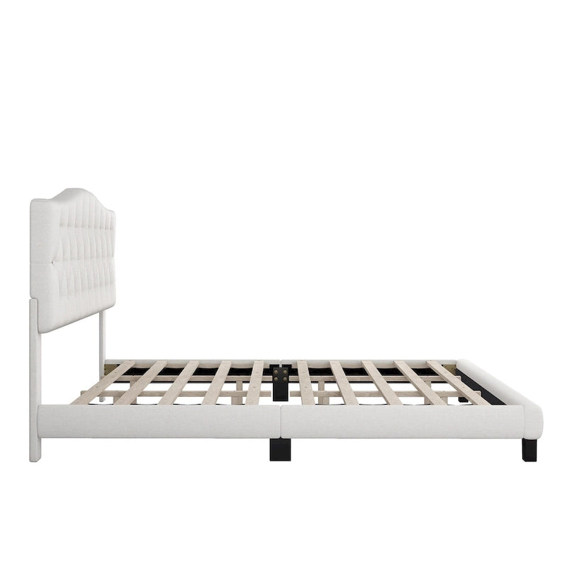 Cadre de lit plateforme avec tête de lit incurvée en selle, lit plateforme de style royal médiéval moderne avec détails capitonnés en losange