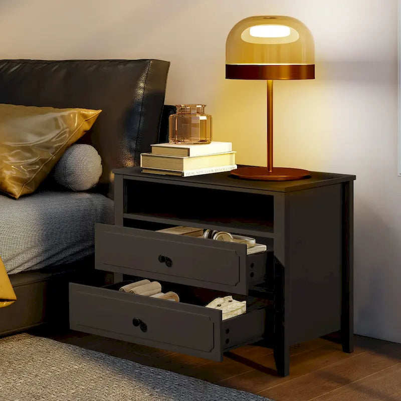 Table de chevet large et moderne avec 2 tiroirs et rangement ouvert, Table de chevet de chambre avec pieds en bois massif, Table de chevet.