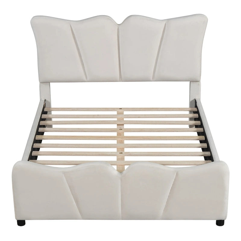 Lit plateforme pleine grandeur rembourré en velours beige