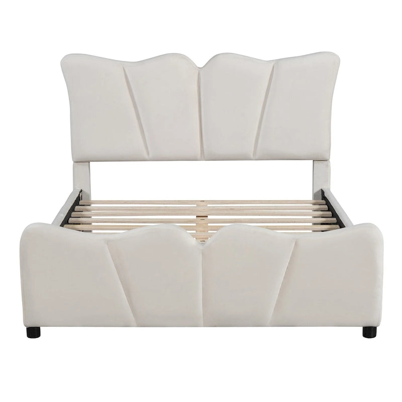 Lit plateforme pleine grandeur rembourré en velours beige