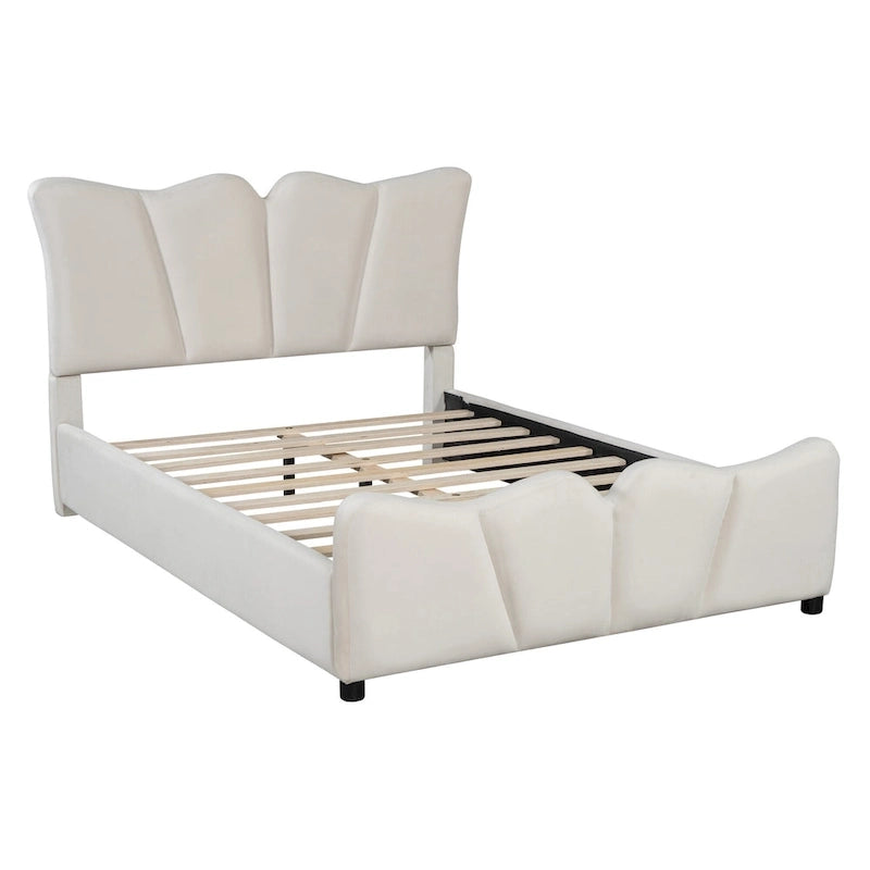 Lit plateforme pleine grandeur rembourré en velours beige