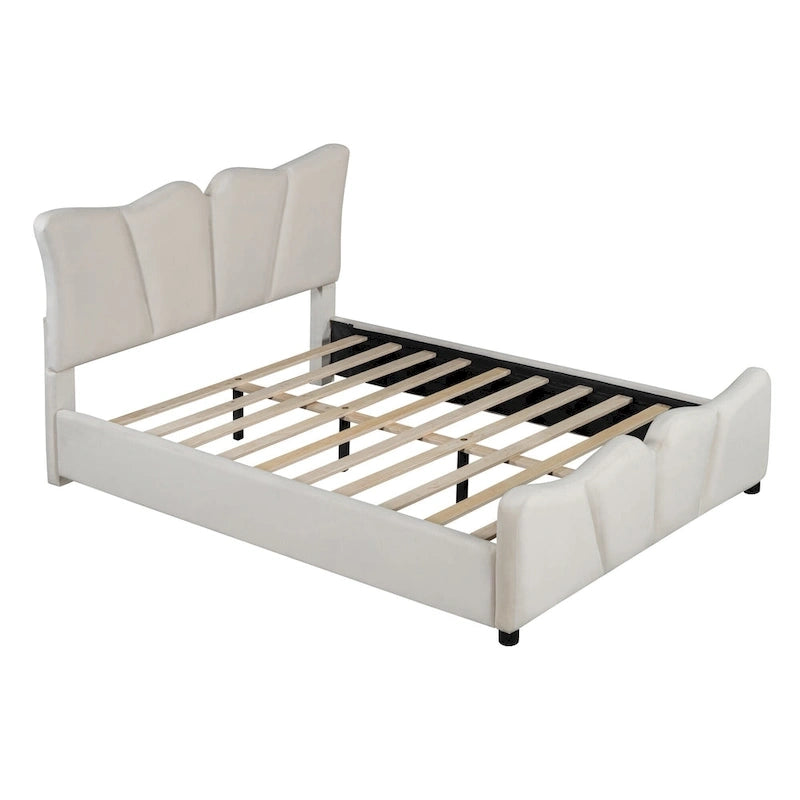 Lit plateforme pleine grandeur rembourré en velours beige