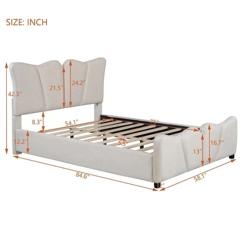Lit plateforme pleine grandeur rembourré en velours beige