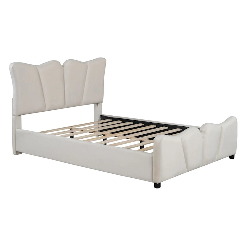 Lit plateforme pleine grandeur rembourré en velours beige