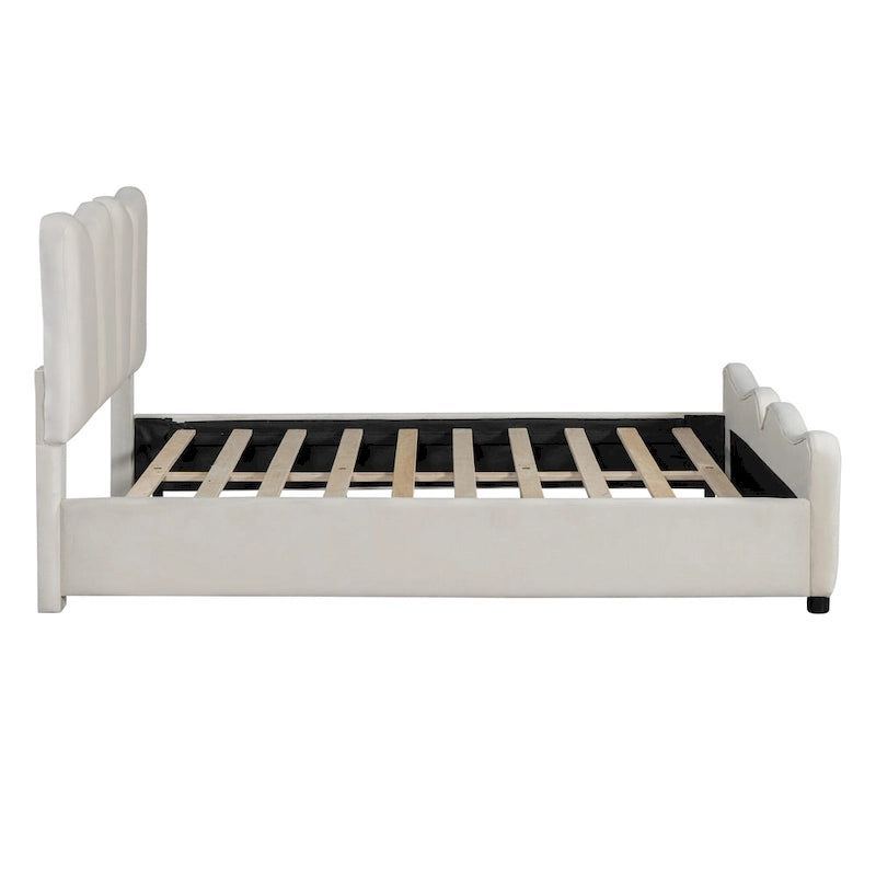 Lit plateforme pleine grandeur rembourré en velours beige