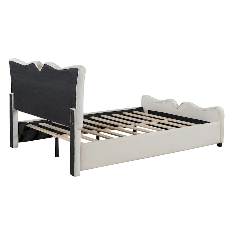 Lit plateforme pleine grandeur rembourré en velours beige