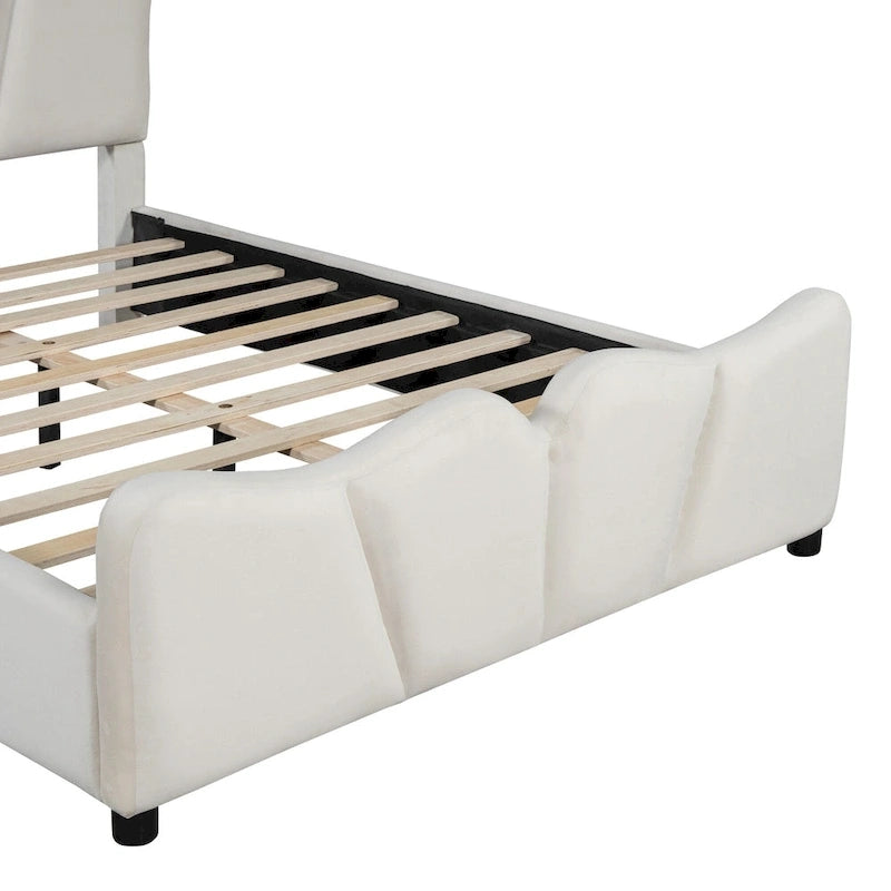 Lit plateforme pleine grandeur rembourré en velours beige