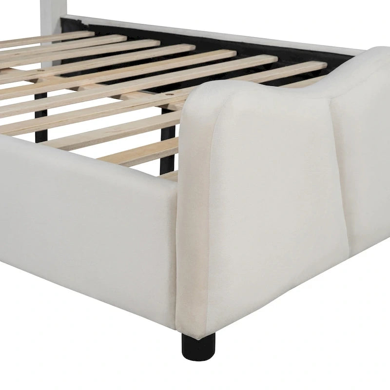 Lit plateforme pleine grandeur rembourré en velours beige