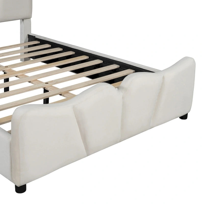 Lit plateforme pleine grandeur rembourré en velours beige