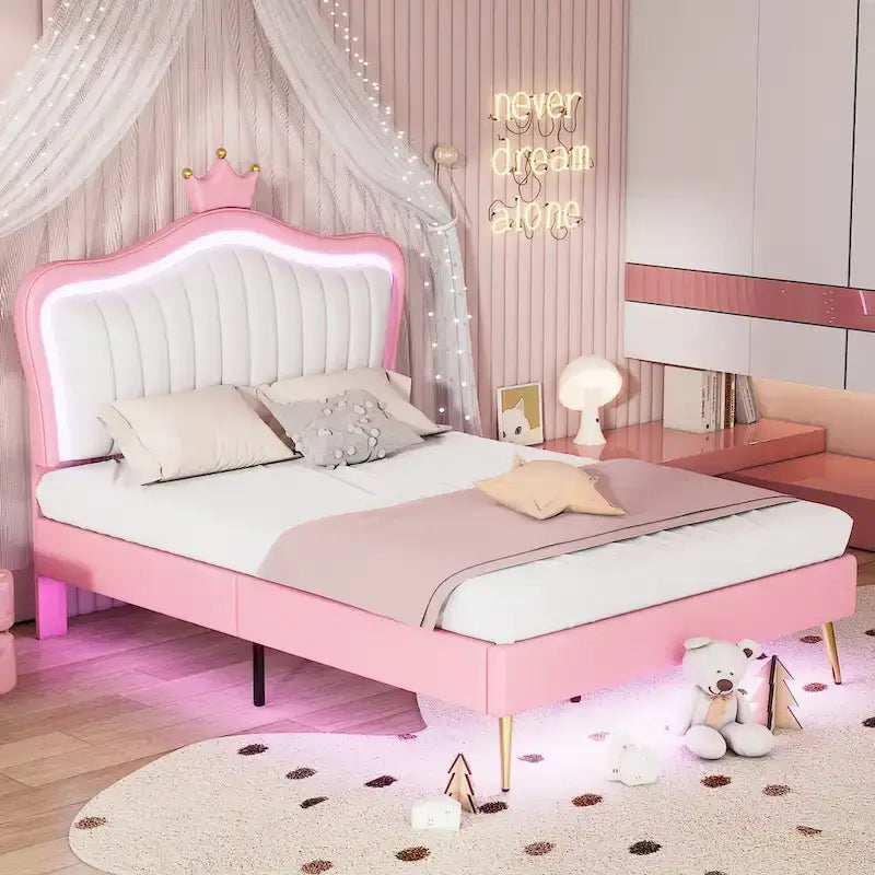 Lit plateforme rose pleine grandeur avec tête de lit couronne à DEL : Fabriqué en MDF, contreplaqué, PU, métal, supporte 272 kg