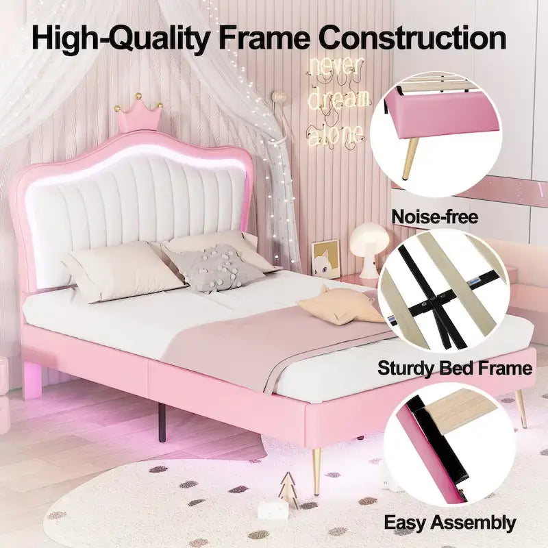 Lit plateforme rose pleine grandeur avec tête de lit couronne à DEL : Fabriqué en MDF, contreplaqué, PU, métal, supporte 272 kg