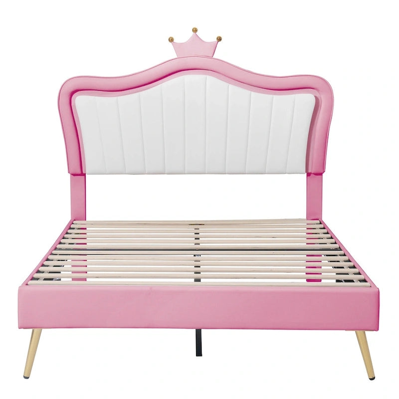 Lit plateforme rose pleine grandeur avec tête de lit couronne à DEL : Fabriqué en MDF, contreplaqué, PU, métal, supporte 272 kg