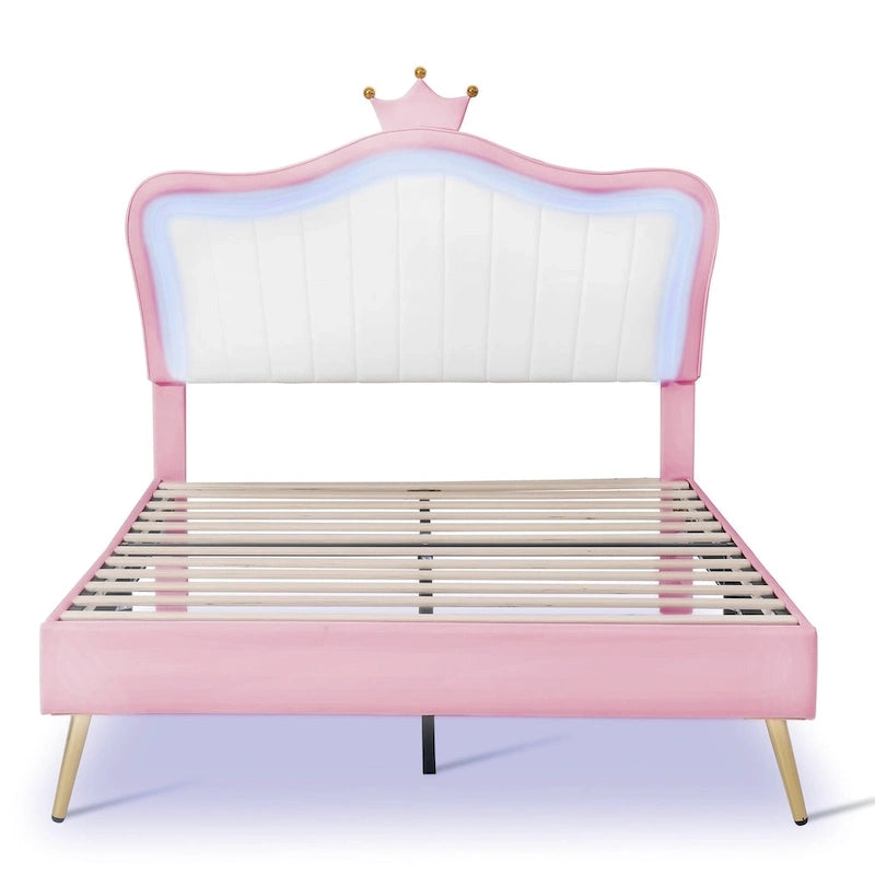 Lit plateforme rose pleine grandeur avec tête de lit couronne à DEL : Fabriqué en MDF, contreplaqué, PU, métal, supporte 272 kg