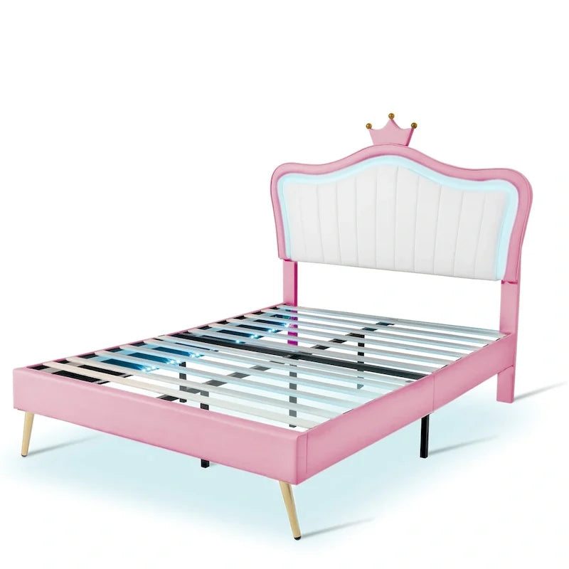 Lit plateforme rose pleine grandeur avec tête de lit couronne à DEL : Fabriqué en MDF, contreplaqué, PU, métal, supporte 272 kg
