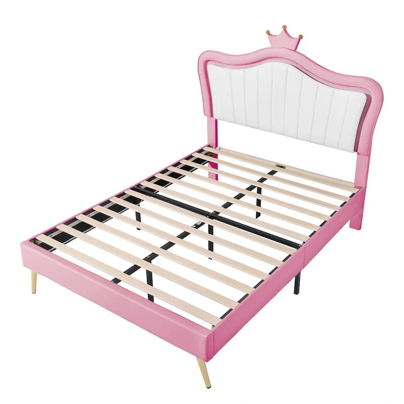 Lit plateforme rose pleine grandeur avec tête de lit couronne à DEL : Fabriqué en MDF, contreplaqué, PU, métal, supporte 272 kg