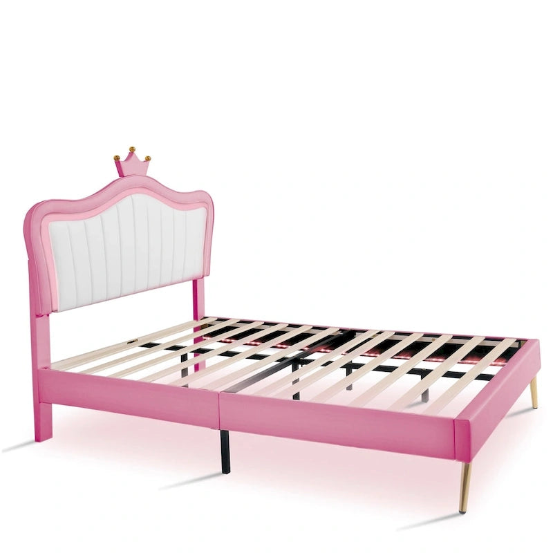 Lit plateforme rose pleine grandeur avec tête de lit couronne à DEL : Fabriqué en MDF, contreplaqué, PU, métal, supporte 272 kg