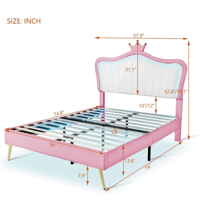 Lit plateforme rose pleine grandeur avec tête de lit couronne à DEL : Fabriqué en MDF, contreplaqué, PU, métal, supporte 272 kg