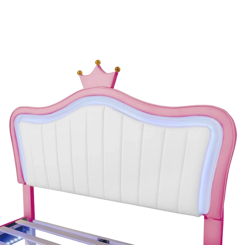 Lit plateforme rose pleine grandeur avec tête de lit couronne à DEL : Fabriqué en MDF, contreplaqué, PU, métal, supporte 272 kg