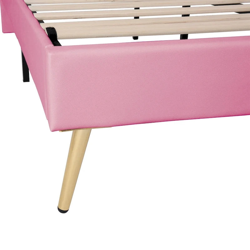 Lit plateforme rose pleine grandeur avec tête de lit couronne à DEL : Fabriqué en MDF, contreplaqué, PU, métal, supporte 272 kg