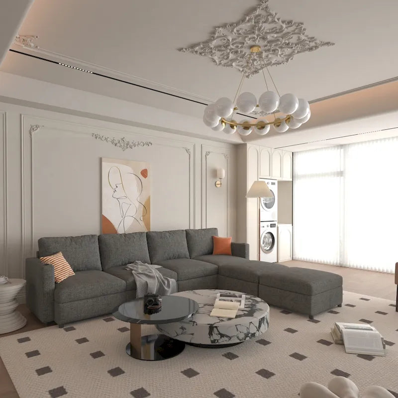 Canapé d'angle modulable 4 places en U gris avec poufs de rangement