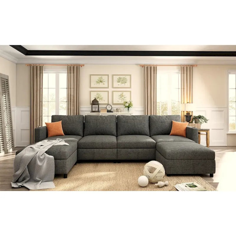 Canapé d'angle modulable 4 places en U gris avec poufs de rangement