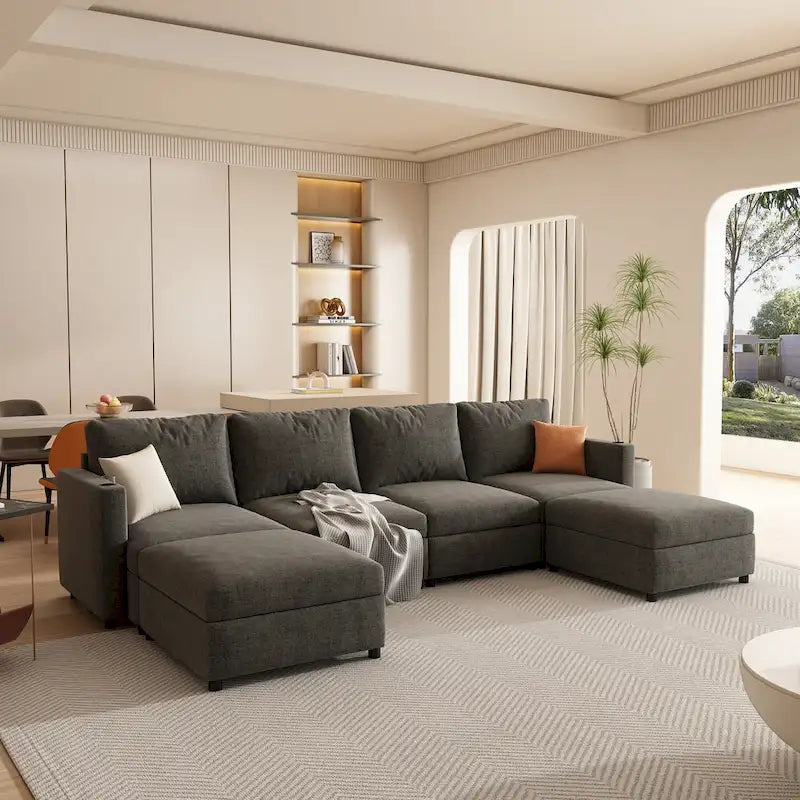 Canapé d'angle modulable 4 places en U gris avec poufs de rangement