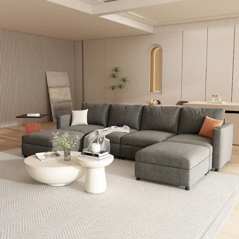Canapé d'angle modulable 4 places en U gris avec poufs de rangement