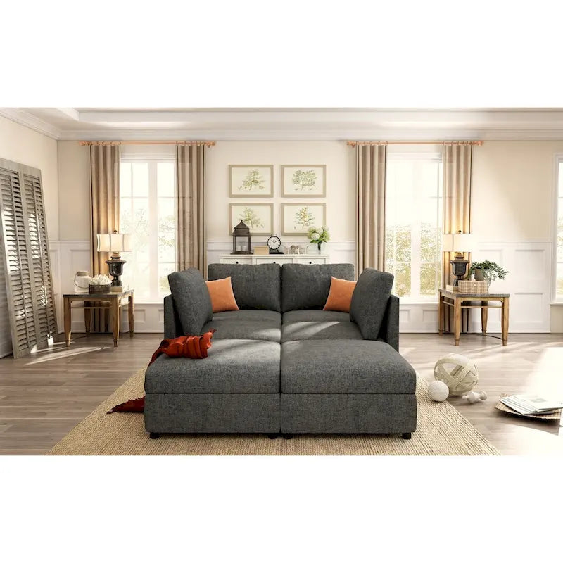 Canapé d'angle modulable 4 places en U gris avec poufs de rangement