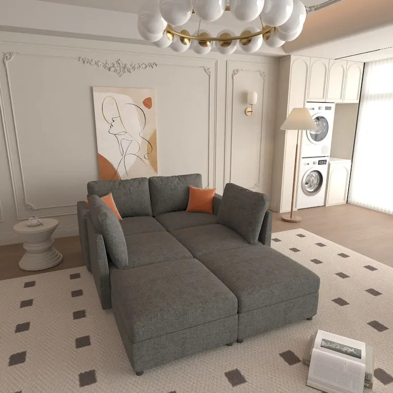 Canapé d'angle modulable 4 places en U gris avec poufs de rangement
