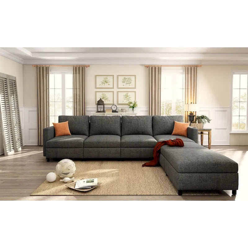Canapé d'angle modulable 4 places en U gris avec poufs de rangement