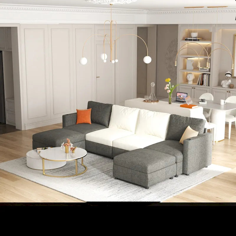 Canapé d'angle modulable 4 places en U gris avec poufs de rangement
