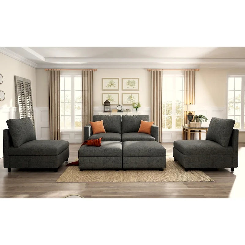 Canapé d'angle modulable 4 places en U gris avec poufs de rangement