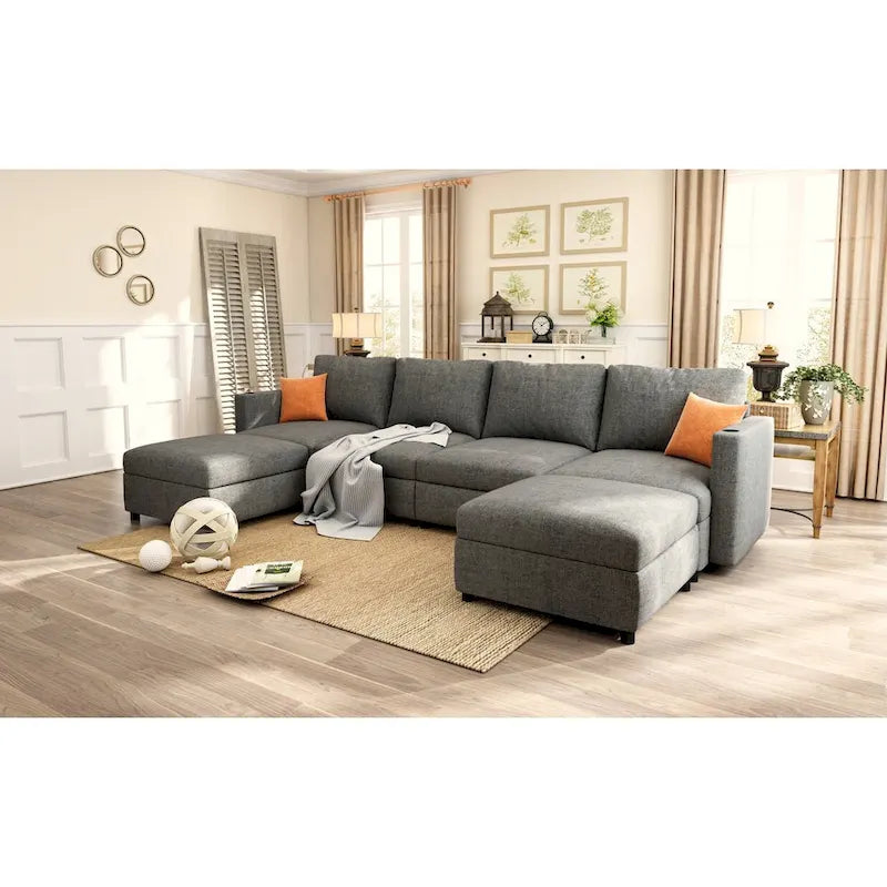 Canapé d'angle modulable 4 places en U gris avec poufs de rangement